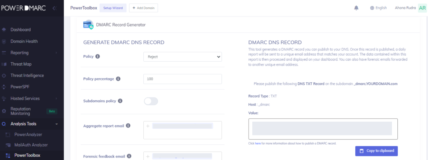DMARC 생성기 도구를 사용하여 Shopify-DMARC에 대한 TXT 레코드 만들기