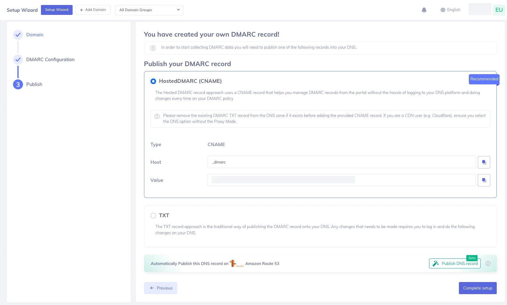 PowerDMARC One-Click Auto DNS Publishing with Entri Publicación de DNS con un solo clic