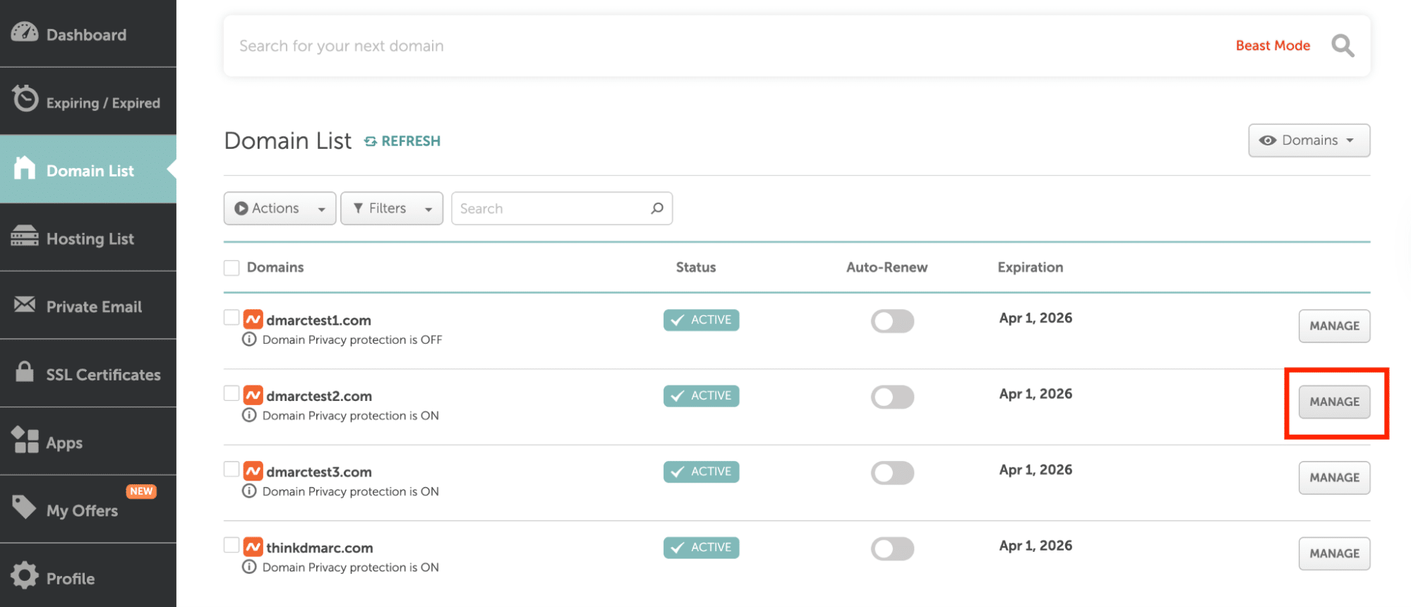 Click on “Manage” for the domain