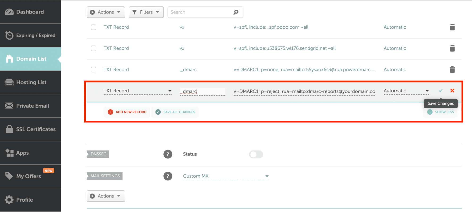 Paste the record value into your DNS