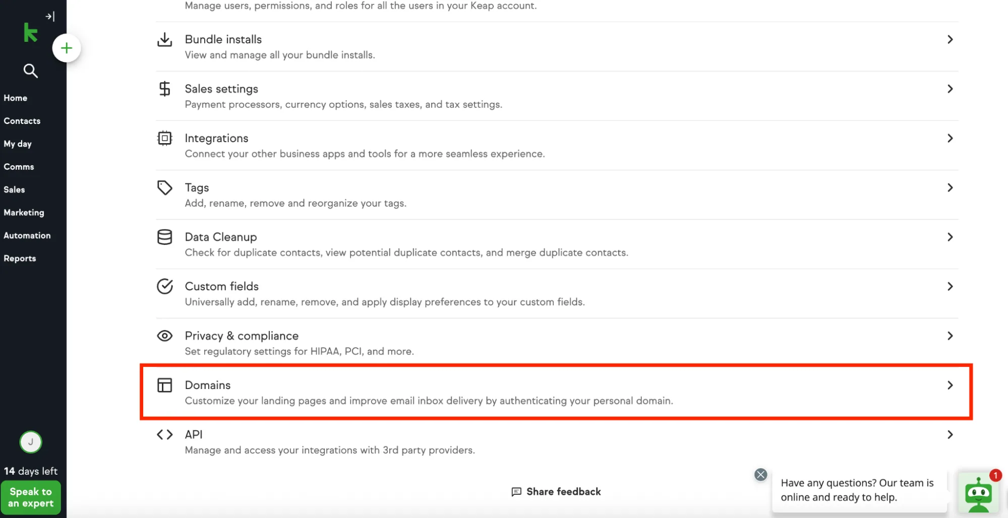 Keap DMARC, DKIM, and SPF Setup Guide (Formerly Infusionsoft) Scroll omlaag en selecteer domeinen