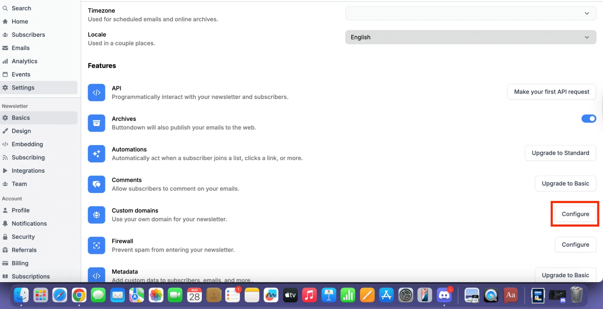 Sotto Dominio personalizzato fare clic su Configura