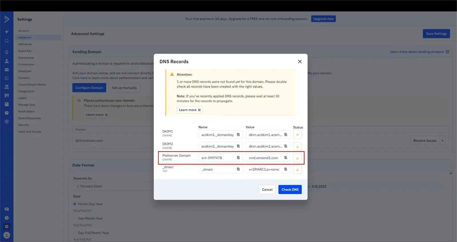 ActiveCampaign DKIM, DMARC, and SPF Setup Guide 8 Dodaj domenę CNAME serwera pocztowego do DNS