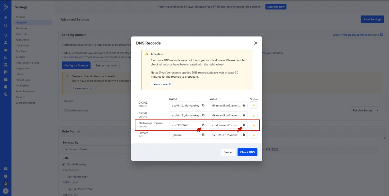 9 Kopieer de Naam en Waarde van dit CNAME-record.