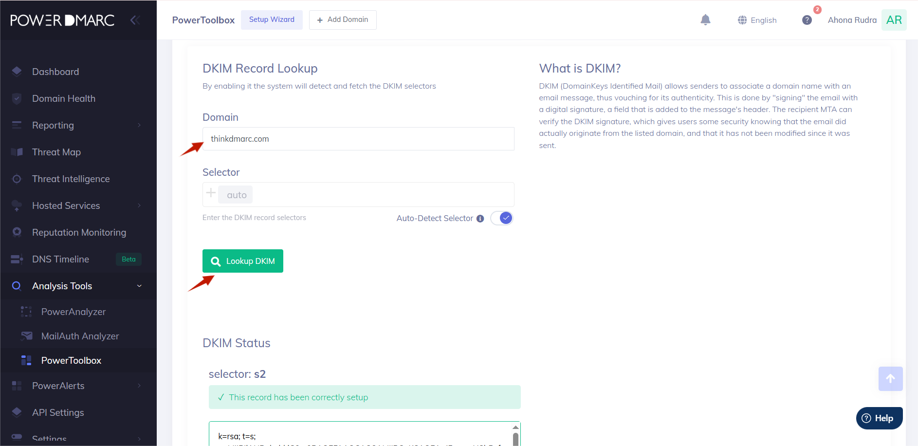 Introduzca su dominio en el campo y haga clic en Buscar DKIM