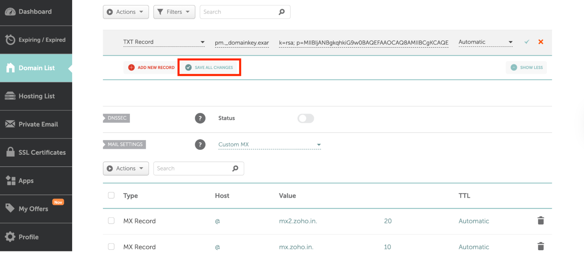Guarde todos los cambios y deje que se propaguen los DNS.