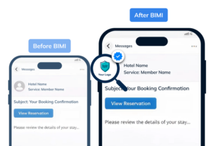Widok skrzynki odbiorczej smartfona pokazujący wiadomość e-mail od hotelu przed i po wdrożeniu BIMI