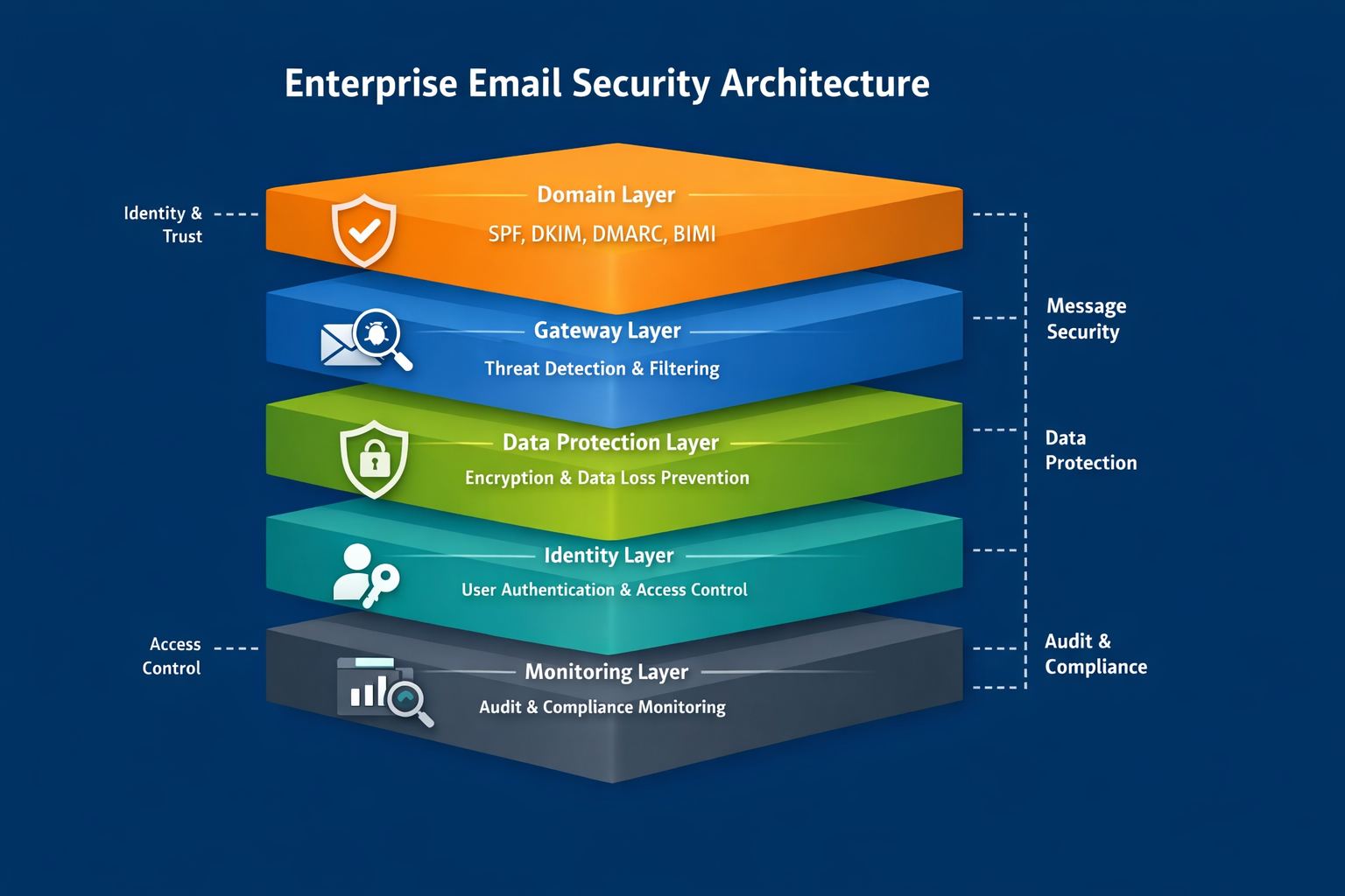 Diagram of email security architecture showing authentication, threat detection, encryption, and monitoring layers.
