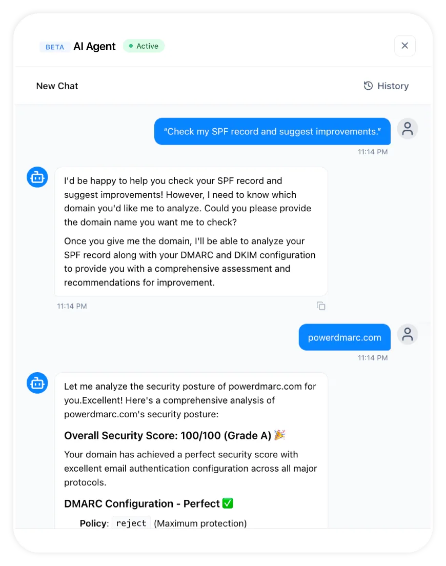 Built-In DMARC AI Agent Meinen SPF-Eintrag prüfen und Verbesserungsvorschläge unterbreiten