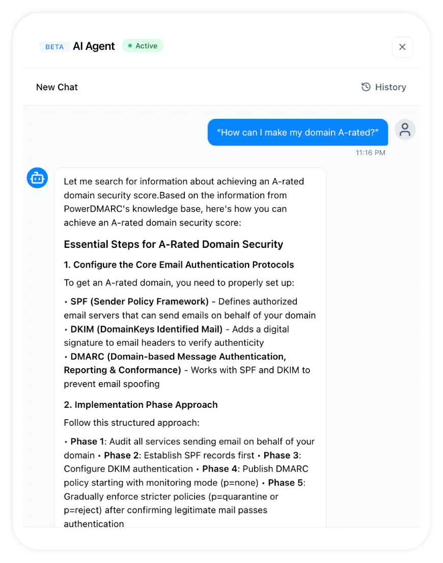 Built-In DMARC AI Agent Wie kann ich meine Domain mit A bewerten lassen?
