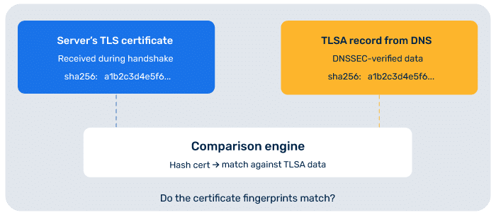 What is DANE? DNS-Based Authentication of Named Entities Explained (2026) Schritt 6 – Der Client vergleicht das Zertifikat mit dem TLSA-Eintrag –