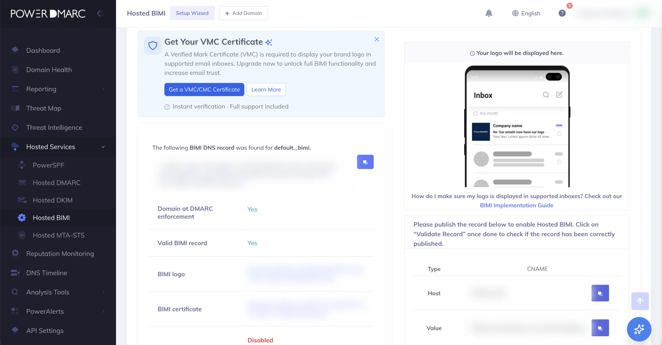 Screenshot di BIMI in hosting