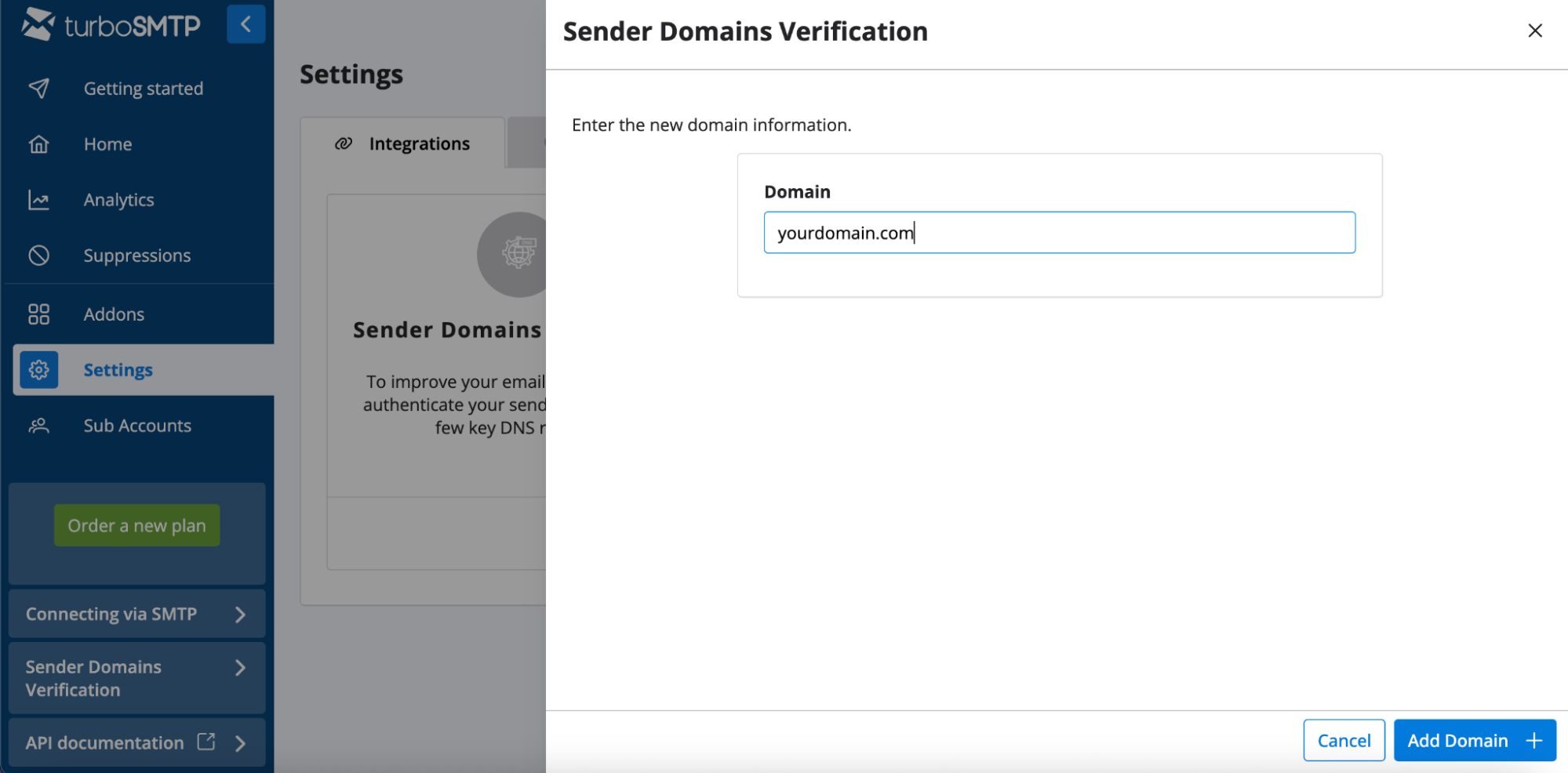 TurboSMTP DKIM, DMARC, and SPF Setup Guide Fai clic sul pulsante "Aggiungi dominio"