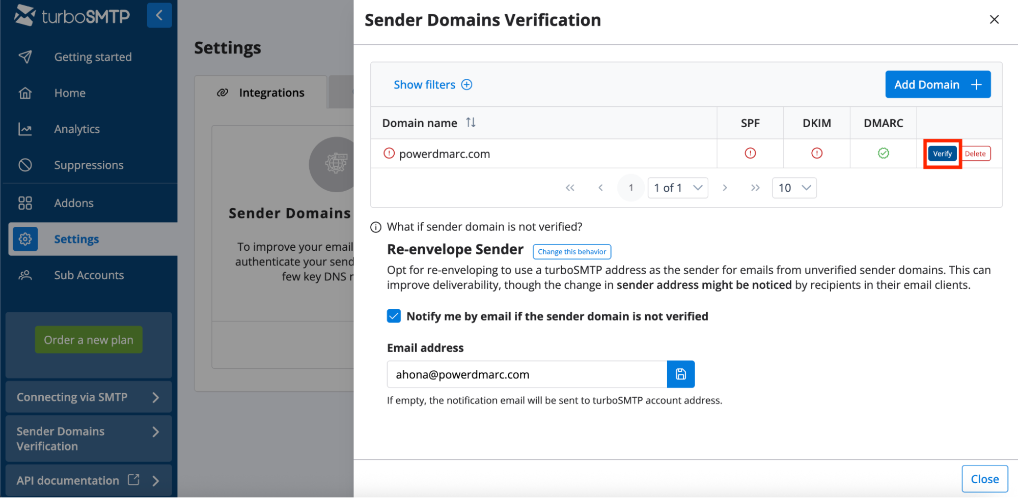 TurboSMTP DKIM, DMARC, and SPF Setup Guide Clicca sul link "Verifica"
